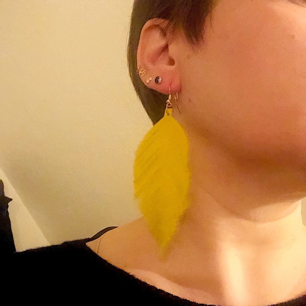 Yellow suede lather feather earrings